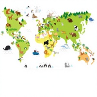 Pegatinas de Pared de Vinilo PVC Removibles Ecológicas con Mapa del Mundo de Animales de Dibujos Animados para Habitaciones Infantiles, Impresión UV con Acabado Mate, Decoración del Hogar