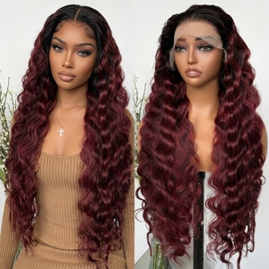 Pelucas sintéticas Kemy Hair Burg Highlight con frontal de encaje, ondas profundas, rizos largos tipo huevo, ondas sueltas, fibra sintética resistente al calor para mujer - Product Image 6