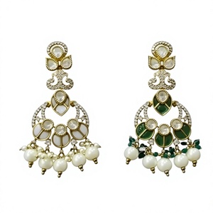 Glamorous Gold Plated Chandelier Earrings with Imitation Pearl and Green Stone Inlay for Women <b>Wedding</b> Party Wear Vintage Style - Product Image 2