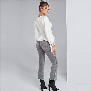 Solido bianco puro peplo Cardigan maglione cappotto nuova moda <span class=keywords><strong>donna</strong></span> <span class=keywords><strong>vestiti</strong></span> lavorati a maglia top manica a palloncino elegante 2021 autunno inverno - Product Image 2