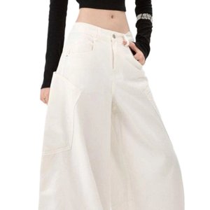 <span class=keywords><strong>Jean</strong></span> cargo <span class=keywords><strong>blanc</strong></span> en coton taille mi-haute à jambe large pour femme, style streetwear hip-hop, multi-poches, décontracté, pour les vacances - Product Image 5