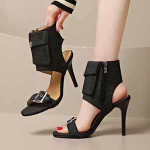 Pantalones de mezclilla elegantes de verano con bolsillos de solapa, tacones altos, talla grande, tacón de aguja, cremallera lateral y hebilla para mujer - Product Image 1