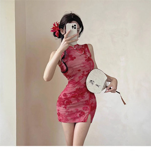 New Chinese Style Modified Cheongsam Dress Red Sheer Bodycon Mini Skirt Mandarin Collar Tie Dye Summer Wear - Product Image 3