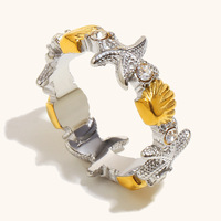 18K Vergoldeter Edelstahl Muschel-Seestern CZ Strass Statement-Ring für Damen Zweifarbiger Modeschmuck Großhandel