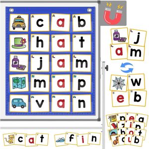 Tableau de construction de mots CVC, 64 cartes flash de phonétique, jeux d'alphabétisation pour la maternelle, pour les enfants de 4 à 6 ans - Product Image 1