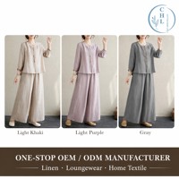 Conjunto de lino de algodón de verano para mujer 2025 nuevo estilo chino de gama alta traje de dos piezas de moda blusa bordada pantalones de pierna ancha
