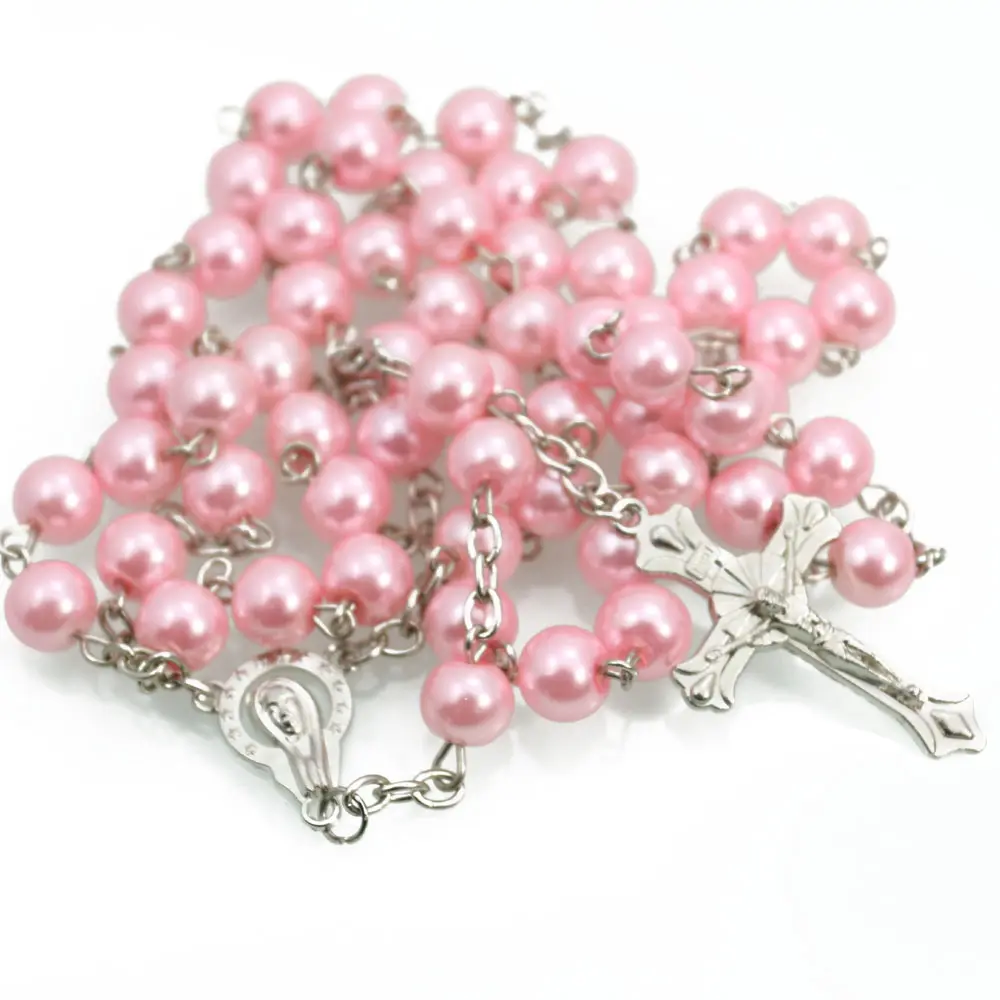 Collar de Cruz de perlas artificiales, joyería de varios colores para el Rosario, religioso, 8mm, venta al por mayor