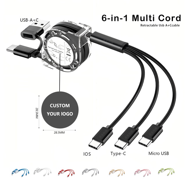 6-in-1 Retractable USB-C/A Cable with Fast Charging & Data Transfer for Printer & Computer