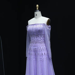 Vestidos de Noche Formales Elegantes Color Lila para Mujer, Modelo LSZ588, Corte en A, con Patrón Floral 3D, Plumas Antiestáticas, Largos hasta el Suelo - Product Image 3