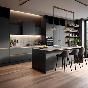 Precio de fábrica, muebles de cocina de madera maciza modernos personalizados, armario marrón, juego de unidades de isla, armarios de cocina de madera contrachapada, apartamento - Product Image 1