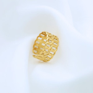 European American Retro Wide Face Pleated <b>Titanium</b> Steel <b>Ring</b> 18k Gold Hollow Geometric Unisex Fashion Jewelry Gift - Product Image 1