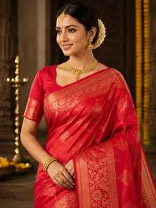 <b>Red</b> Banarasi <b>Saree</b> with Golden Work Elegant Designer <b>Saree</b> for Women Luxury Traditional Indian Ethnic Fashion Wear Bridal - Product Image 1