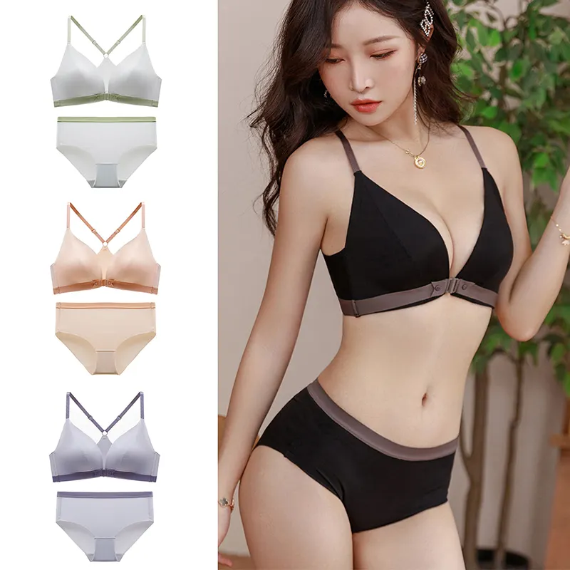 OEM 사용자 정의 로고 32-42 ABCD 컵 섹시한 전면 오픈 버튼 수집 란제리 Traceless 팬티 젊은 그릴 브래지어와 팬티 세트