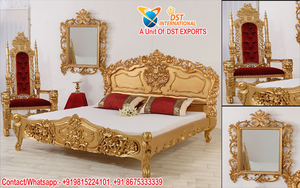 Lit de luxe de haute qualité en teck durable, taille personnalisée, finition or sculpté lourd, mobilier de chambre à coucher moderne - Product Image 3