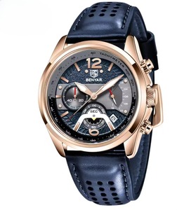 Nouvelle montre chronographe décontractée pour homme, boîtier en or rose, bracelet en cuir, étanche, calendrier sportif, montre à quartz avec lunette tachymètre - Product Image 3