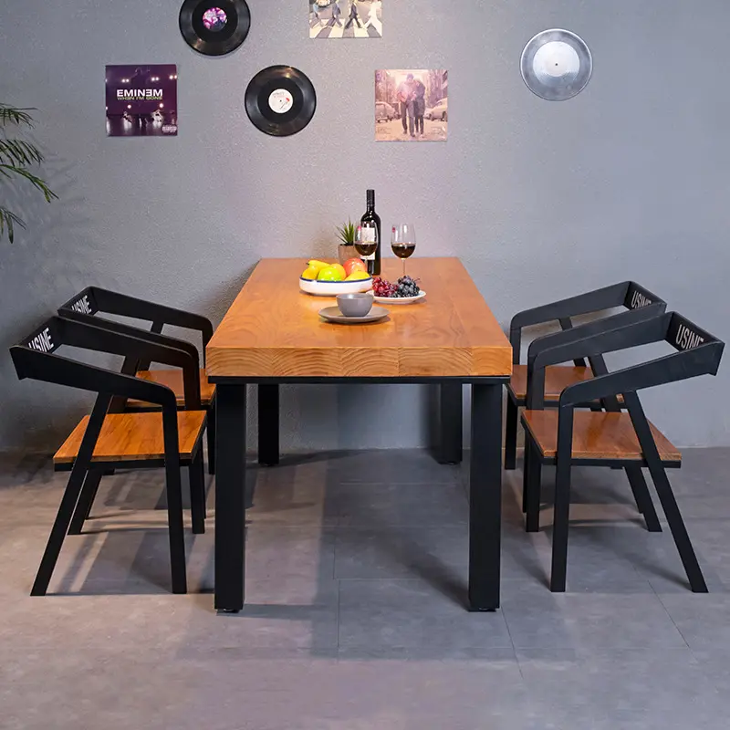 Industrial style iron solid wood dining table and chair sets modern casual simple small apartment cafe restaurant table