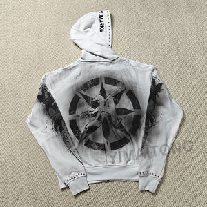 Custom 3D embroidery Dirty Washed DTG Print 500 Gsm Vintage <b>Hoodies</b> Boxy Fit <b>Rhinestones</b> French Terry Cotton Zipper Hoodie - Product Image 4