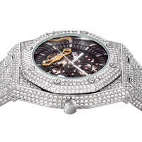 Montre automatique squelette pour homme entièrement sertie de zircone cubique, lunette octogonale, vis serties de pierres, cadran ajouré, bracelet pavé, montre-bracelet de luxe