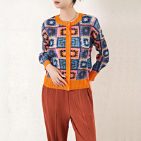2026 Veste Cardigan Plissée Imprimée Géométrique pour Femme, Élégante, Ethnique, à Manches Longues et Col en V, Vêtement d'extérieur, Vente en Gros