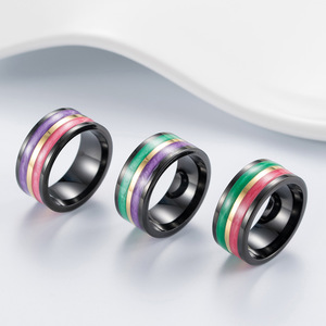 Unisex <b>Titanium</b> Steel <b>Ring</b> Green Purple Rainbow Inlay Geometric Design Everyday Wear - Product Image 2