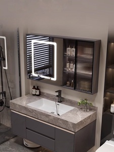 Light luxury rock slab ceramic seamless basin intelligent lighting <b>mirror</b> <b>wall</b> mounted bathroom cabinet - Product Image 3
