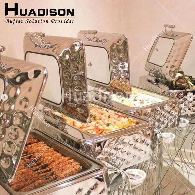معدات بوفية من Huadison، أطباق تقديم الطعام المستطيلة، مجموعة أطباق تقديم الطعام المضخمة 201 المصنوعة من الفولاذ المقاوم للصدأ