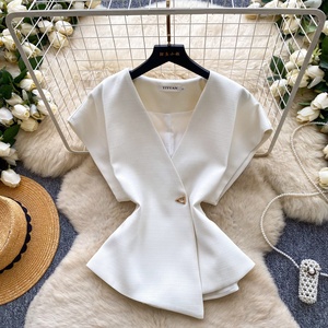 سترة نسائية صيفية فرنسية غير متماثلة بزر واحد وخصر نحيف - Product Image 2