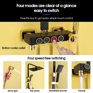 Système de douche de luxe noir et or, robinetterie thermostatique moderne, ensemble de douche avec pommeau de douche pluie 10 pouces, douchette bidet et <span class=keywords><strong>barre</strong></span> coulissante incluse - Product Image 3