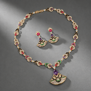 Conjunto de Joyería en Forma de Abanico Chapado en Oro de Moda con Piedras de Circonita Cúbica Coloridas, Collar y Aretes Esmaltados para Regalo de Aniversario o Cumpleaños - Product Image 1