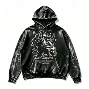 Felpa con Cappuccio Oversize Nera Stile Streetwear, Etichetta Privata, Produzione OEM, Hip Hop di <span class=keywords><strong>Los</strong></span> <span class=keywords><strong>Angeles</strong></span>, Cotone Pesante - Product Image 1