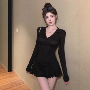 Women's Gray Long Sleeve Deep V Neck Top High Waisted Pleated Skirt Set Casual Knitted Two Piece Outfit - Product Image 2
