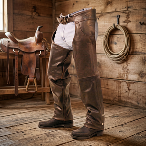 Men's Genuine Leather Breathable Western <b>Chaps</b> Mid Rise Regular Fit with Buckle Closure for <b>Riding</b> Training - Product Image 1