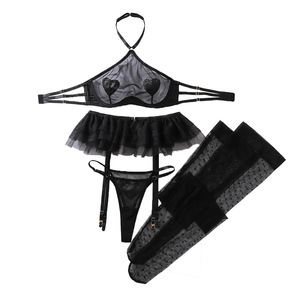 Kadın Seksi Halter <span class=keywords><strong>S</strong></span>ütyen Fırfırlı Bel Kemeri 4 Parça <span class=keywords><strong>Set</strong></span> Çoraplar Baştan Çıkarıcı Boncuklu Kalp Şeklinde Dantel Fiyonklu İç Giyim - Product Image 5