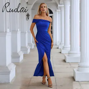 Ruolai LDC6699 Modest Elegant Evening Gown Plain Royal Blue Off Shoulder Evening Gown Dress