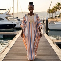 Robe longue ample Kaftan africaine Boubou 2026 avec foulard, broderie dorée au col, rayures, grande taille pour femme – Vente en gros
