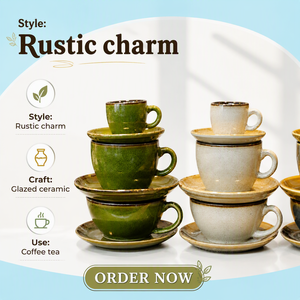 ชุดถ้วยกาแฟเอสเปรสโซเซรามิกเคลือบแบบวินเทจพร้อมจานรอง ถ้วยกาแฟเคลือบสีสันสดใสสำหรับร้านกาแฟ บ้าน สำนักงาน ขายส่ง รับสั่งทำ - Product Image 1
