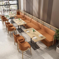 Ensemble de sièges modernes carrés en bois et cuir PU pour restaurant commercial, café, fast-food, avec canapé, banc, table et chaises