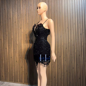 Vestido Maxi Bodycon de Lujo Negro de Seda con Pedrería y Escote en V Profundo para Mujer, Cómodo, Antiarrugas, Transpirable, Estilo Urbano para Fiesta - Product Image 1