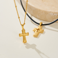 MYNECK 2026 Collier avec pendentif croix creuse en acier inoxydable plaqué or PVD 18K, anti-ternissement, chaîne en cuir vintage, chrétien