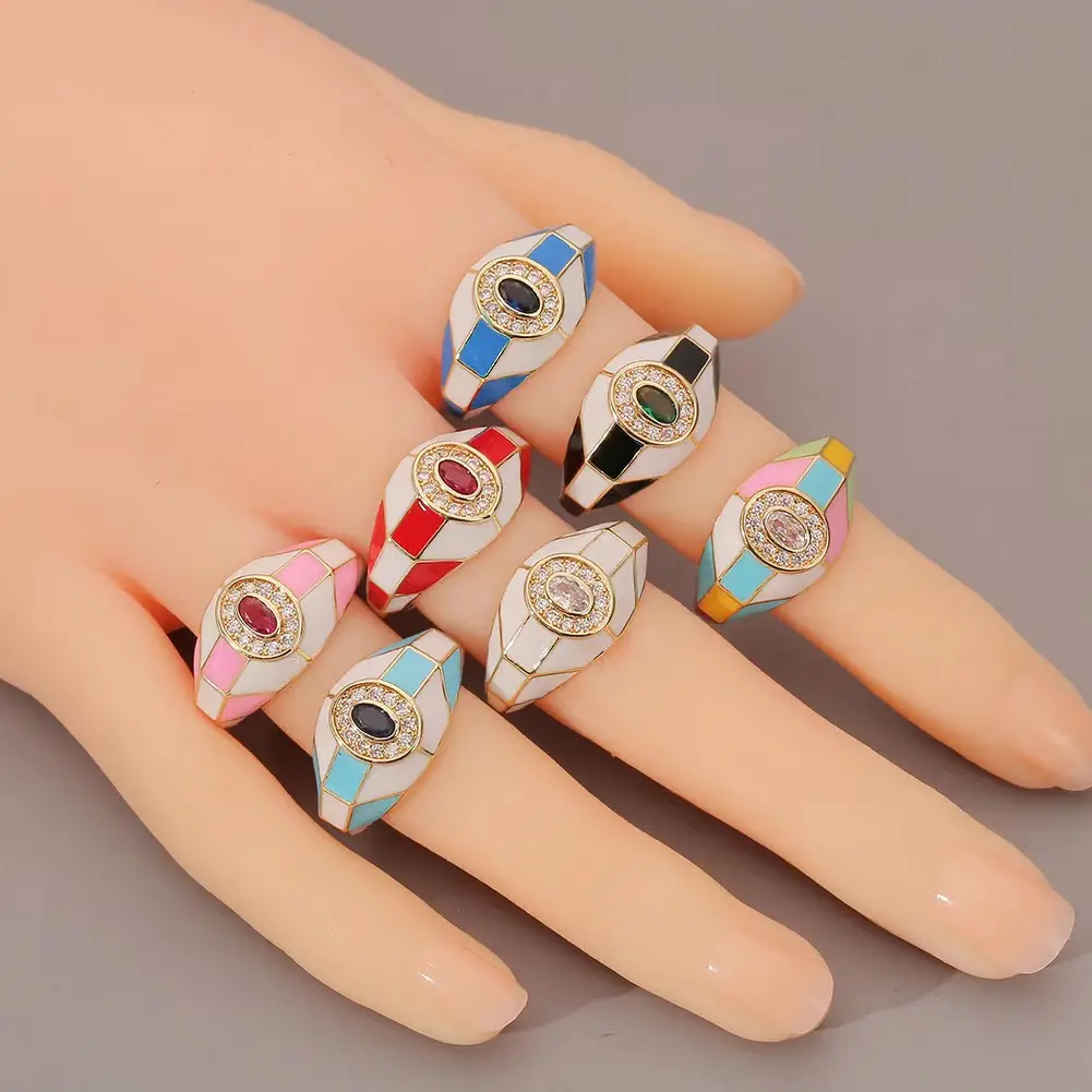 Real Gold Plated Brass Diamond-Studded Geometric Colorful Zircon Crystal Dripping Oil Rings