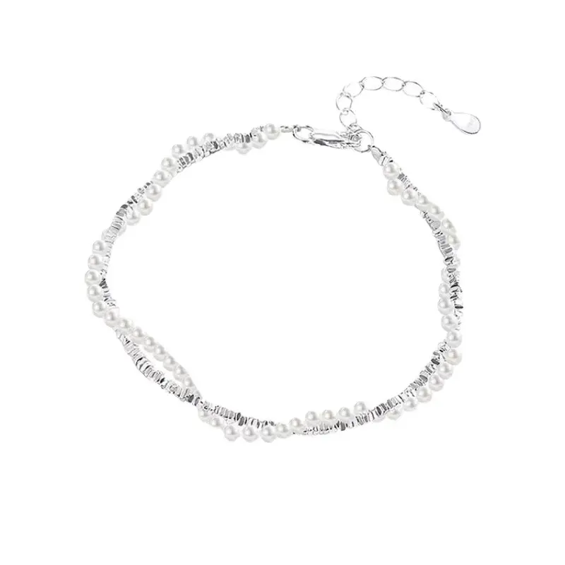 Pulseiras de pérolas de prata quebradas de dupla camada para mulheres, pulseiras luxuosas em tons, joias com design de nicho para mulheres