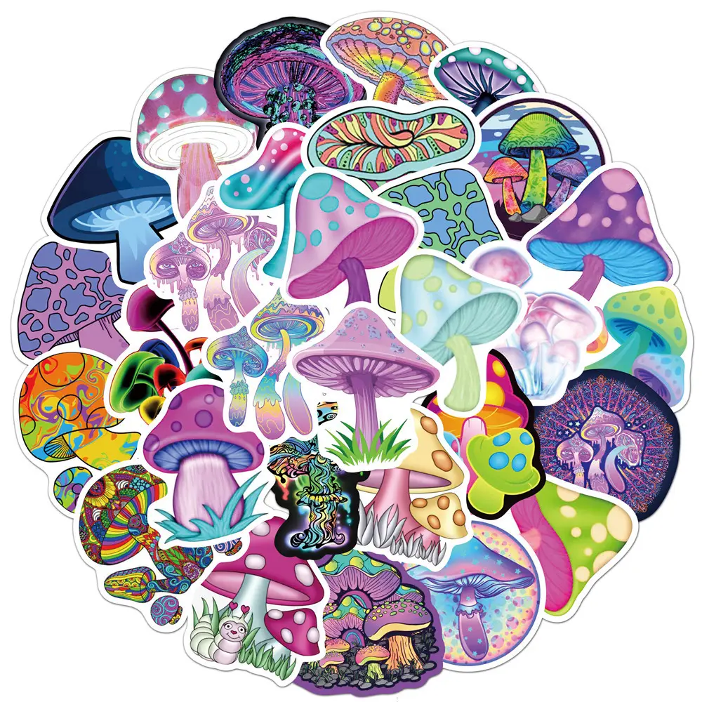 50Pcs Cartoon Psychedelic Mushroom Sticker Cute Color Magic Plant Funny Anime Stickers Phone Laptop Stickers Decals