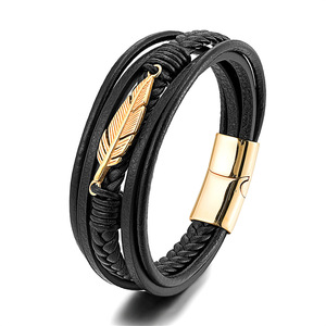 Pulsera de Cuero Trenzado de Acero Inoxidable Personalizada al por Mayor de Fábrica, Pulsera de Cuero Hecha a Mano para Hombre, Estilo Pluma Metálica - Product Image 1