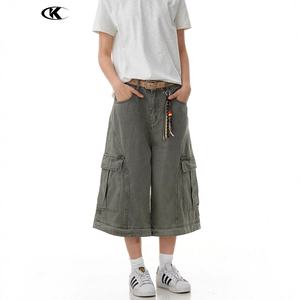 11KN Unisex Custom Multi-Pocket Wide Leg Cargo <strong>Shorts</strong> Deconstructed Seam Washed Denim Workwear <strong>Shorts</strong> Premium Durable Fabric - Product Image 2