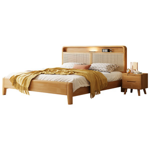 Nordic Solid Wood Rattan Bed 1.8M Double Storage Lighted <b>Headboard</b> Bedroom Furniture - Product Image 4
