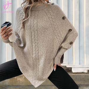 Loveda Venta al por mayor Mujeres Nuevo estilo Cable Knit Sweater Moda <span class=keywords><strong>Cuello</strong></span> alto Botón Decoración Manga larga Batwing Sweater - Product Image 5