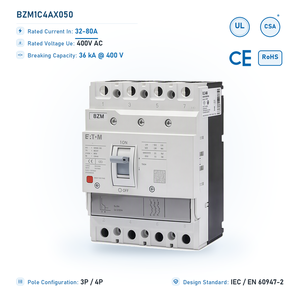 Disjoncteur automatique MCCB BZM 50A 4 pôles 36kA à déclenchement thermique-magnétique 400V AC pour distribution industrielle - Product Image 1