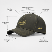 Casquette de baseball 6 panneaux 100 % coton olive foncé avec surpiqûres contrastées, broderie dorée, sangle réglable, tissu respirant et imperméable