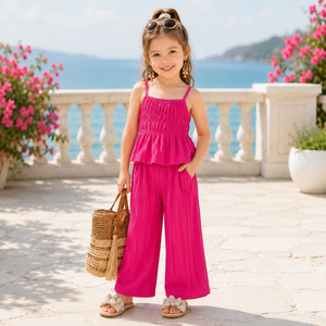 Completo Vacanza al Mare: Top Plissettato Testurizzato e <span class=keywords><strong>Pantaloni</strong></span> Larghi Drappeggiati, Set 2 Pezzi per Ragazze, Abbigliamento Bambini all'Ingrosso - Product Image 1