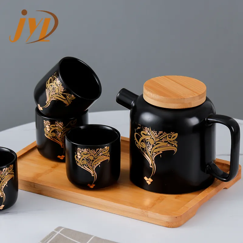 Best selling turkish arabic style home good afternoon tea set black white ceramic teapot tea set with wooden lid